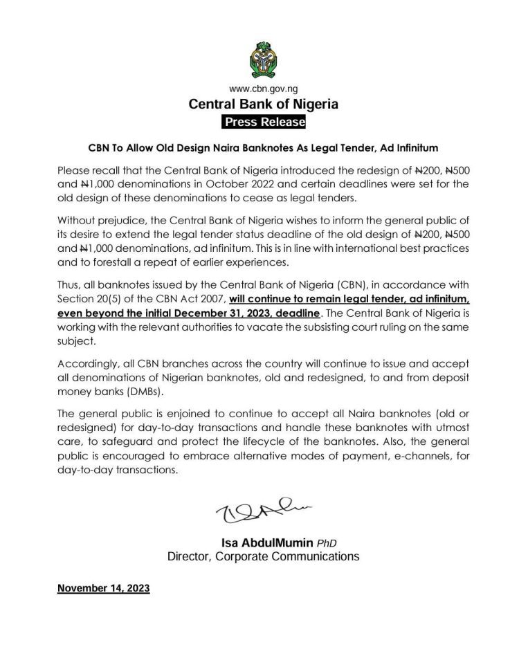 News: Old Naira Notes Remain Legal Tender Indefinitely