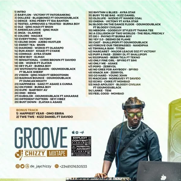 Talented Dj Chizzy comes through with a brand new mixtape titled "The Groovy Mixtape". The new Mixtape features songs from trending acts Patoranking, Victony, Odumodublack, Shallipopi, Qing Madi, Ayra Star, Davido, Burna Boy, Kizz Daniel, among others. Get the mixtape below.
